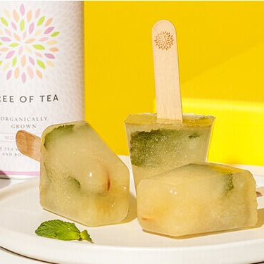 Holunderblüten Minze Eis auf einem Teller mit Tee im Hintergrund