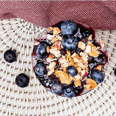 Chia Pudding mit Blaubeeren in einer Schale mit Chia Samen daneben