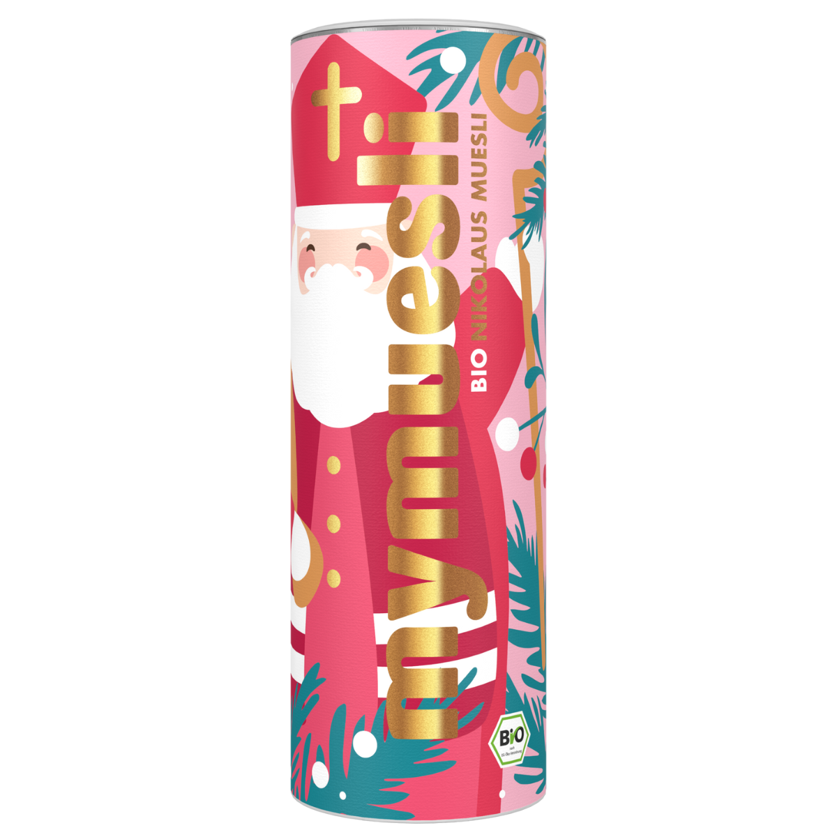 Produktverpackung des mymuesli Bio Nikolaus Müsli auf weißen Hintergrund