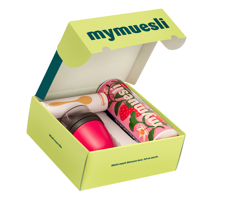 mymuesli Geschenkbox Celebration mit Müslidose, To-Go Becher und Löffel