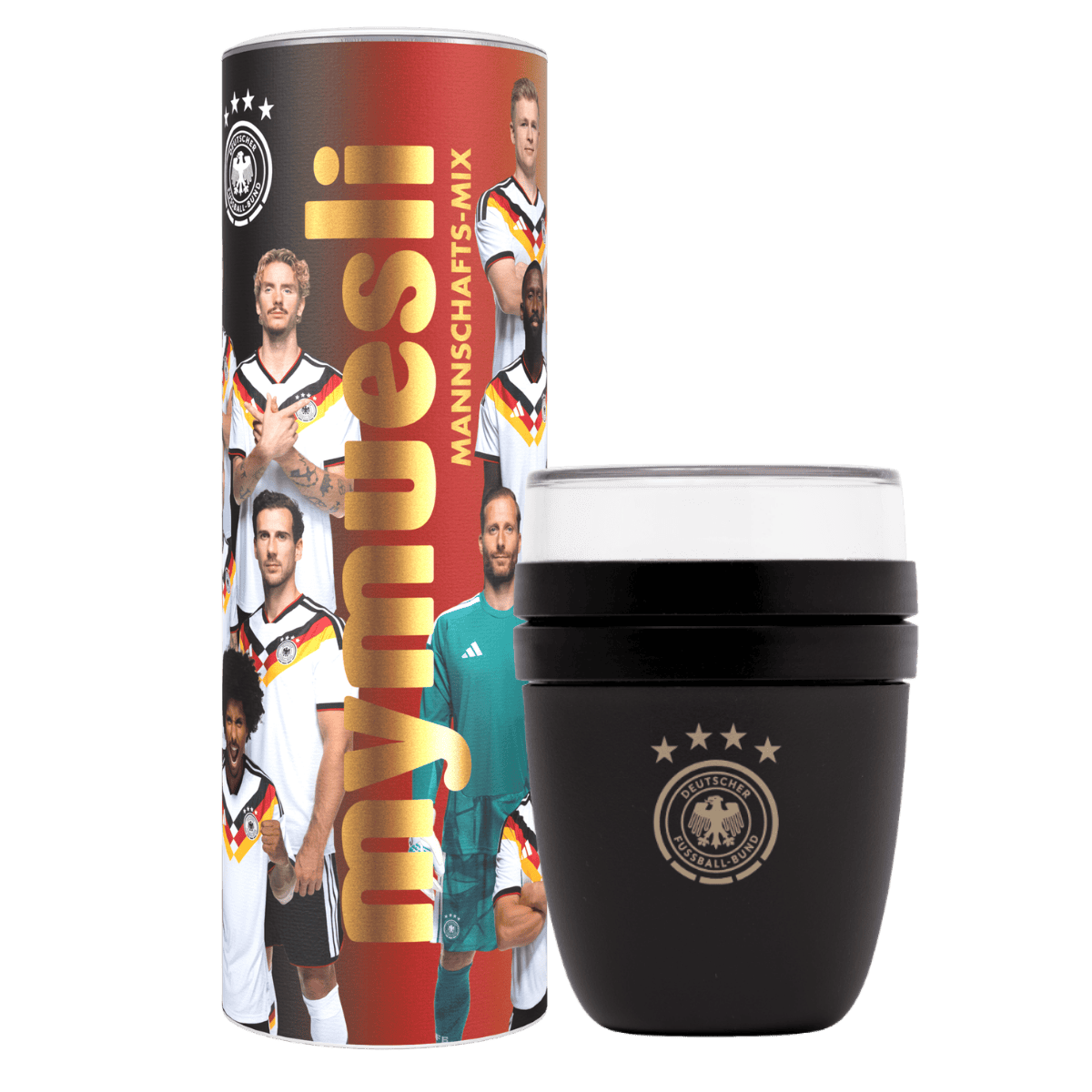 DFB Mannschafts-Mix mymuesli Dose und Mepal Becher mit DFB Logo