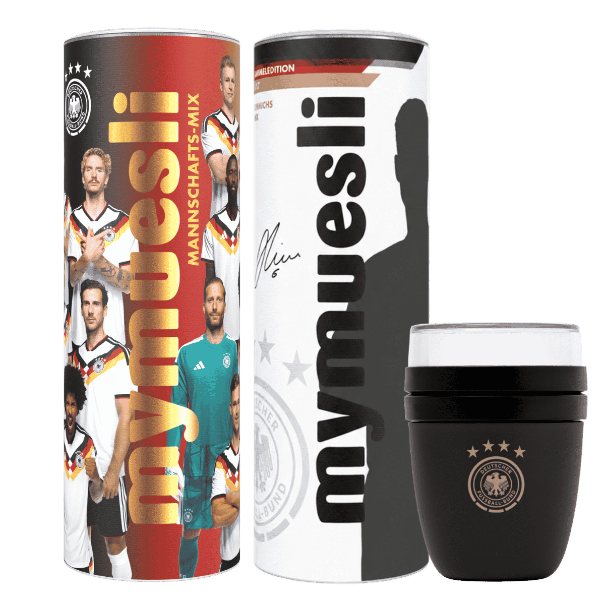 Müsli Paket bestehend aus DFB Mannschafts Mix, mymuesli x DFB To-Go-Becher und einem individuell wählbahren Spieler-Mix