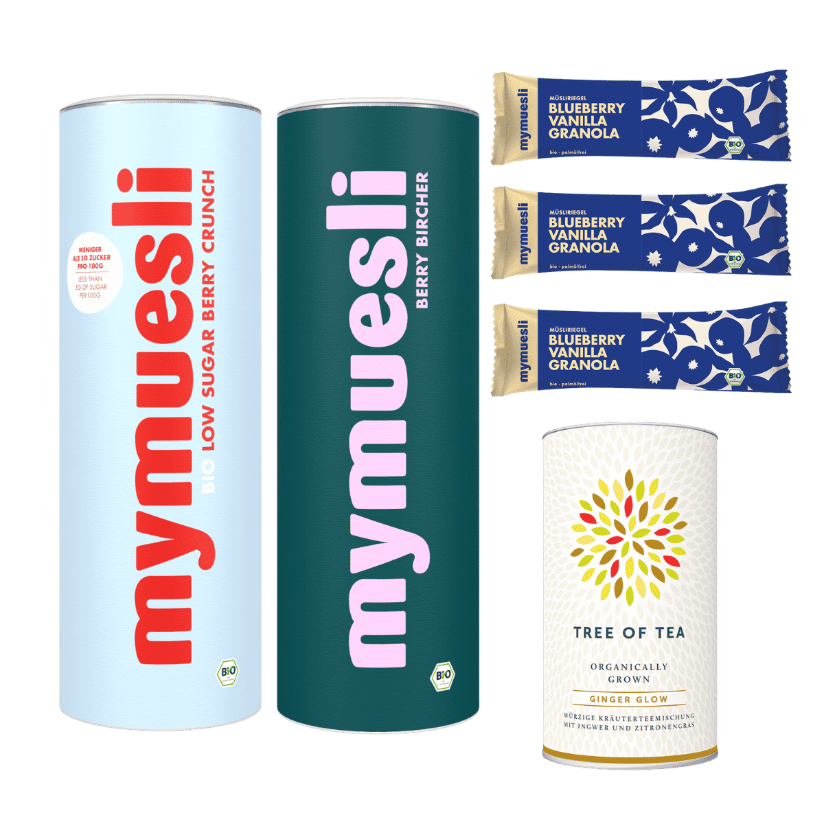 Easy Mornings Probierpaket mit 2x 575g Müsli, 3x Müsliriegel und einem 120g losem Tee Deiner Wahl