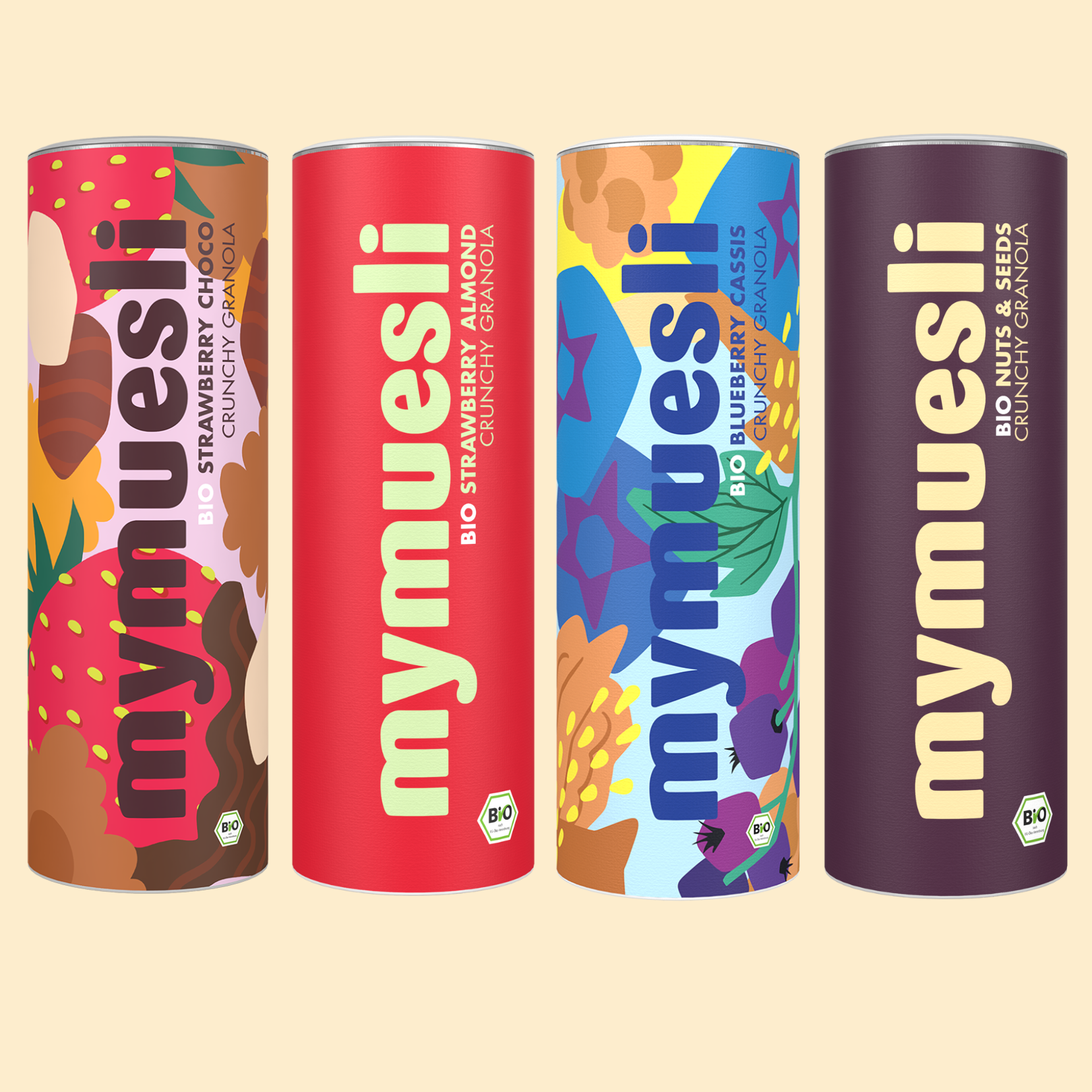 mymuesli bio Herbstliches Granola Bundle bestehend aus den Sorten Strawberry Choco, Strawberry Almond, Blueberry Cassis und Nuts &amp; Seeds. Alle Müslis sind Crunchy Granolas. 