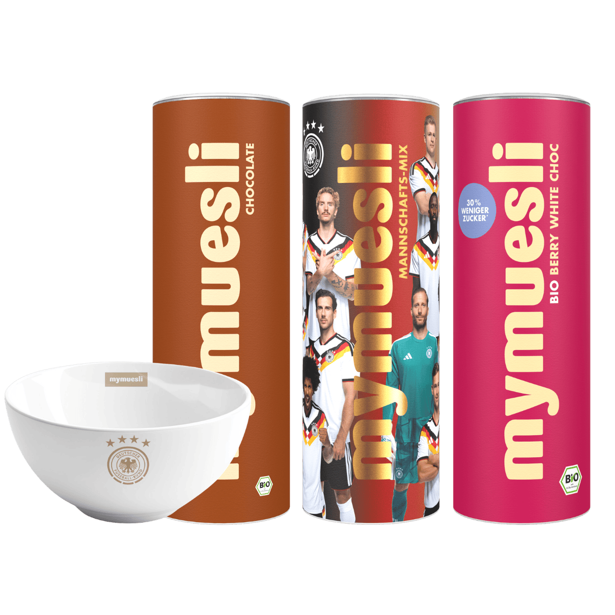 mymuesli DFB Mannschafts-Mix, Chocolate-Müsli, Berry-White-Choc-Müsli und DFB Müslischale