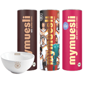 mymuesli DFB Mannschafts-Mix, Chocolate-Müsli, Berry-White-Choc-Müsli und DFB Müslischale