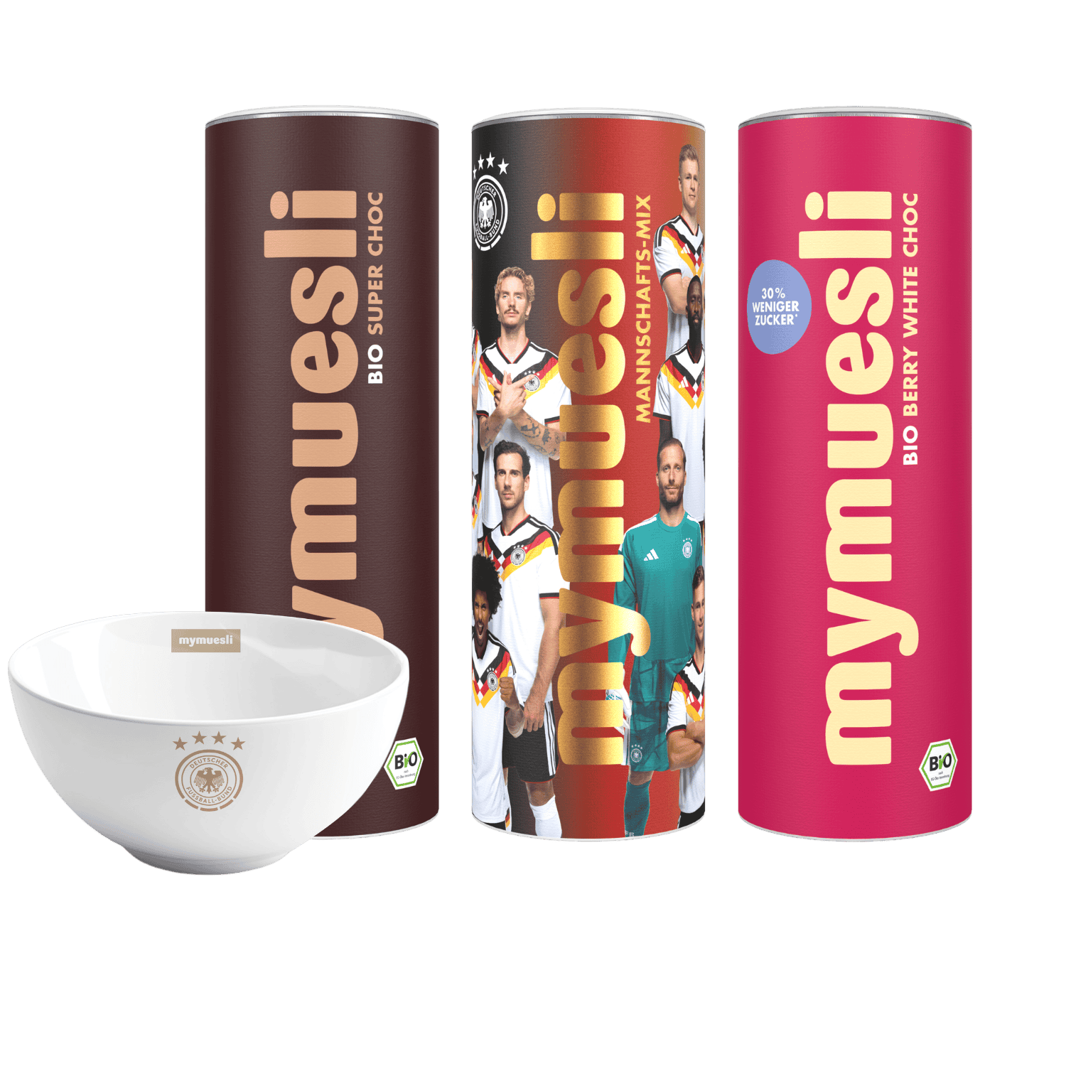 mymuesli DFB Mannschafts-Mix, Chocolate-Müsli, Berry-White-Choc-Müsli und DFB Müslischale