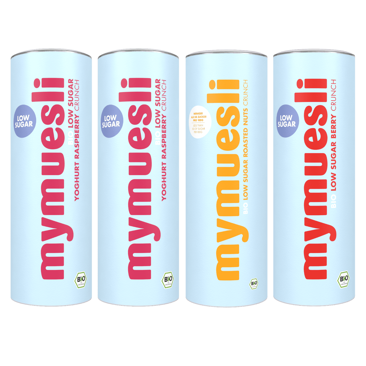 Low Sugar Crunch Probierpaket mit drei verschiedenen Sorten Yoghurt Raspberry, Berry und Roasted Nuts
