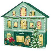 Abbildung des Adventskalenderhauses. Das grüne Haus zeigt verschiedene Personen in einer winterlichen Welt