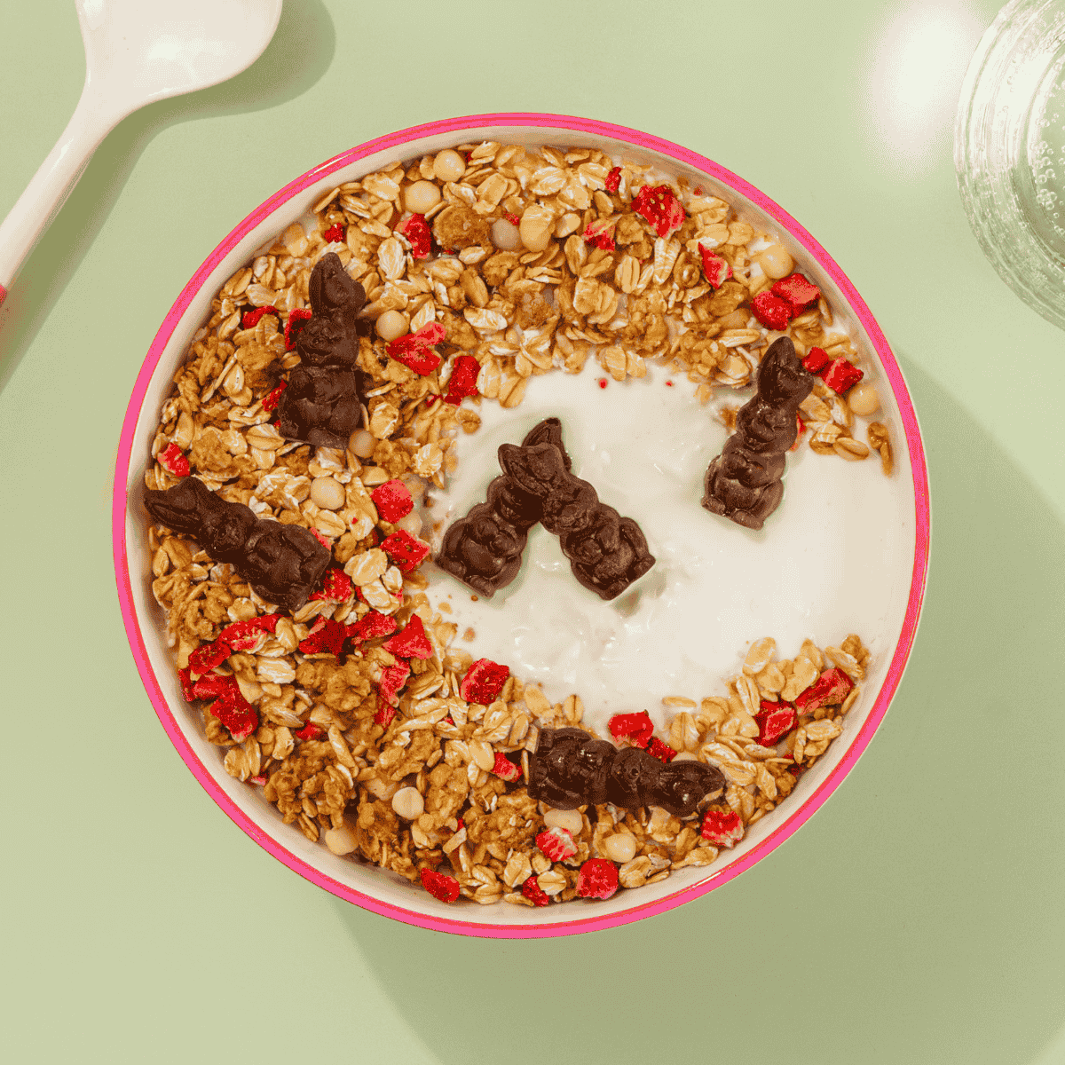 Eine rosa Schüssel mit Müsli und Joghurt, garniert mit dunklen Schokohasen, auf einem hellgrünen Untergrund.
