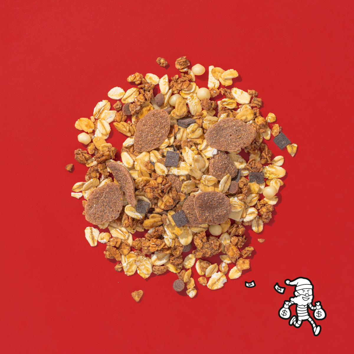 Abbildung des mymuesli Super Choc Müslis. Mit weißer-, Vollmilch- und Zartbitterschokolade. Auf rotem Hintergrund. Mit einer Illustration eines Bankräubers.