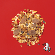 Abbildung des mymuesli Super Choc Müslis. Mit weißer-, Vollmilch- und Zartbitterschokolade. Auf rotem Hintergrund. Mit einer Illustration eines Bankräubers.
