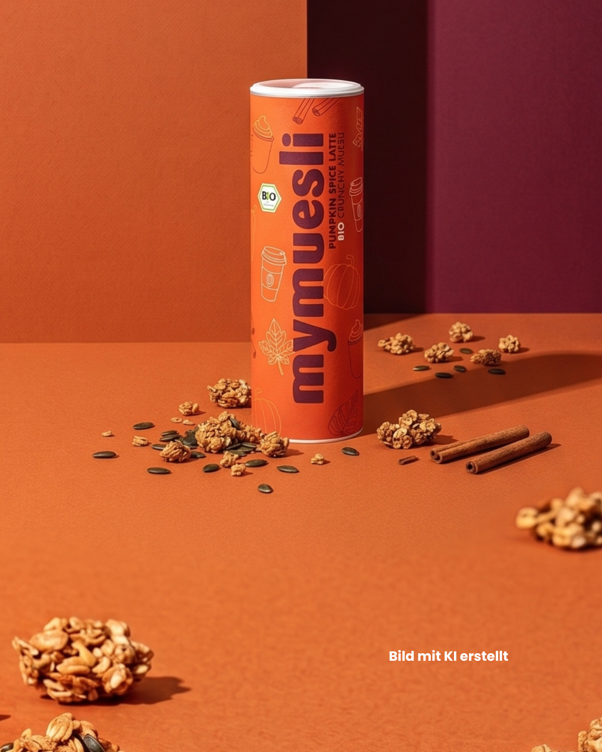 Pumpkin Spice Müsli vor farbigem Hintergrund