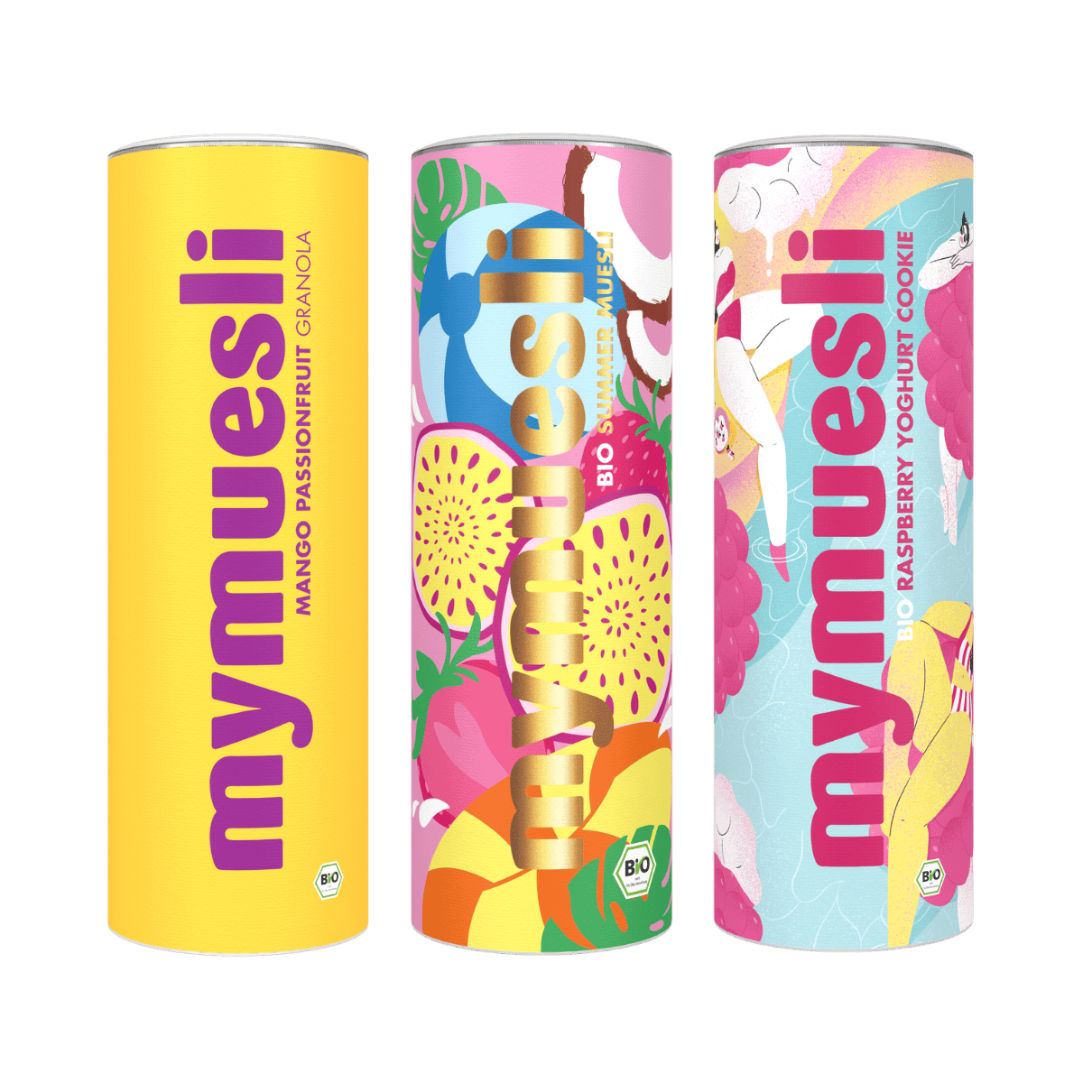 Drei sommerliche mymuesli -Dosen (Gelb, Blau-Gelb gemustert und Pink) stehen nebeneinander vor einem dunkelgrünen Hintergrund.