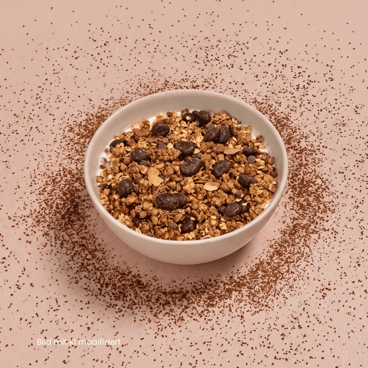 Eine Schüssel mit Tiramisu Müsli und schokolierten Espressobohnen, umgeben von Kakaopuder auf einem hellbraunen Untergrund.
