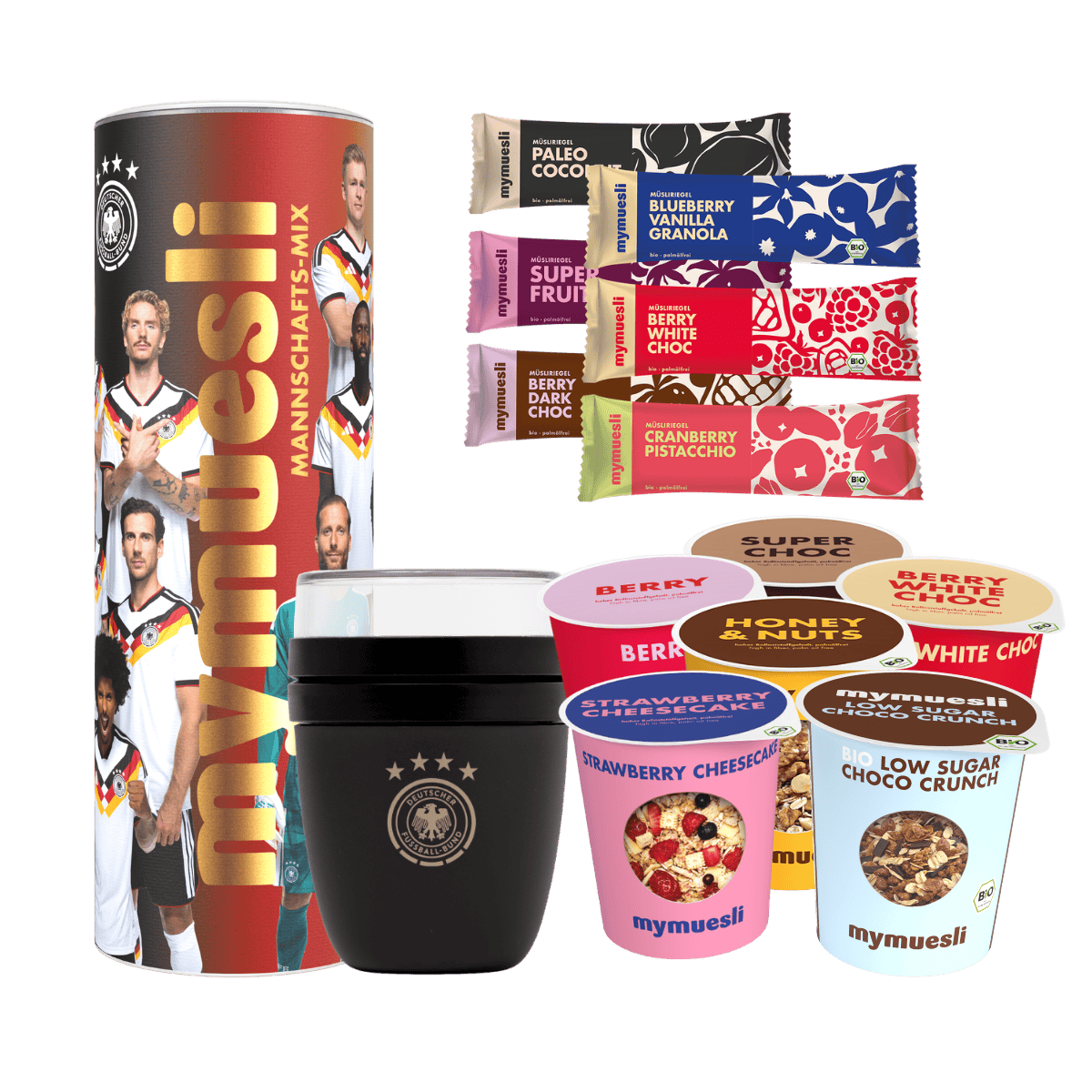 mymuesli Trainings-Box mit DFB Mannschafts-Mix, DFB Mepal To-Go-Becher, 6er Probierpaket Müsli-Riegel und 6er Probierpaket Pprtionsbecher