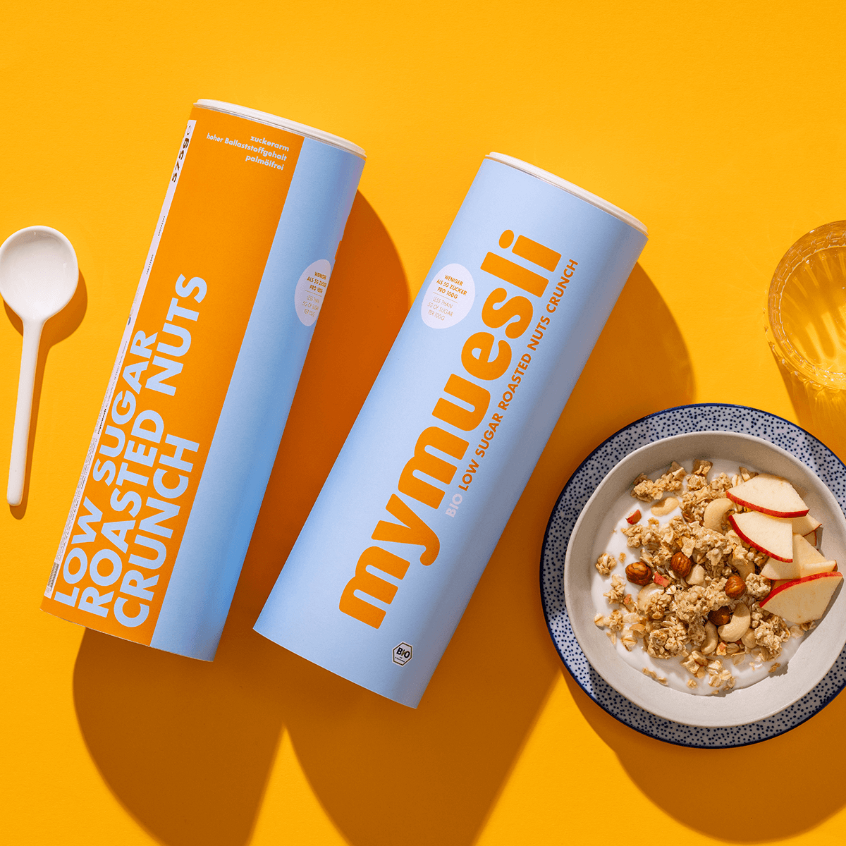 mymuesli Bio Low Sugar Roasted Nuts Crunch Dosen mit Müslischale