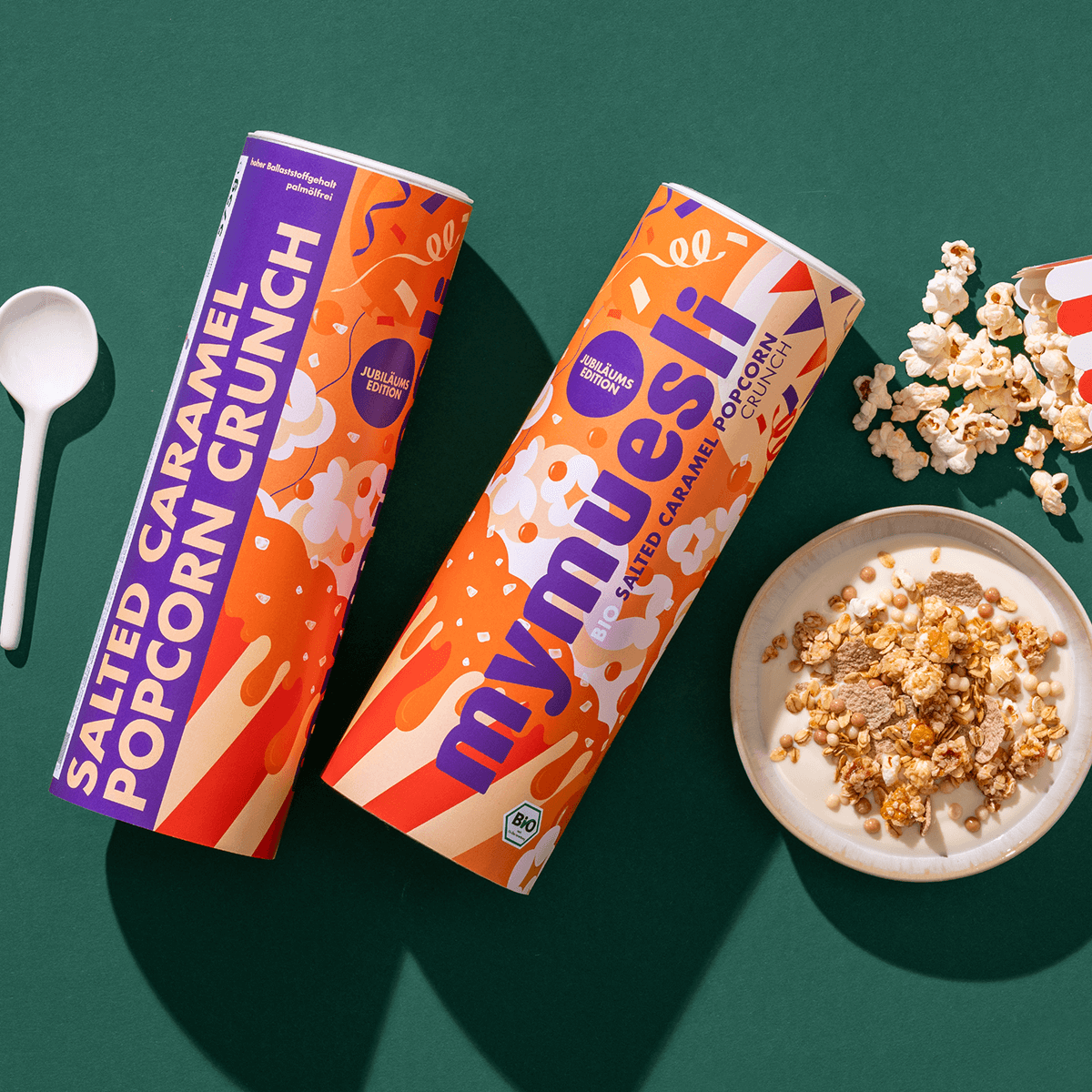 mymuesli Bio Salted Caramel Popcorn Crunch Dosen mit Müslischale