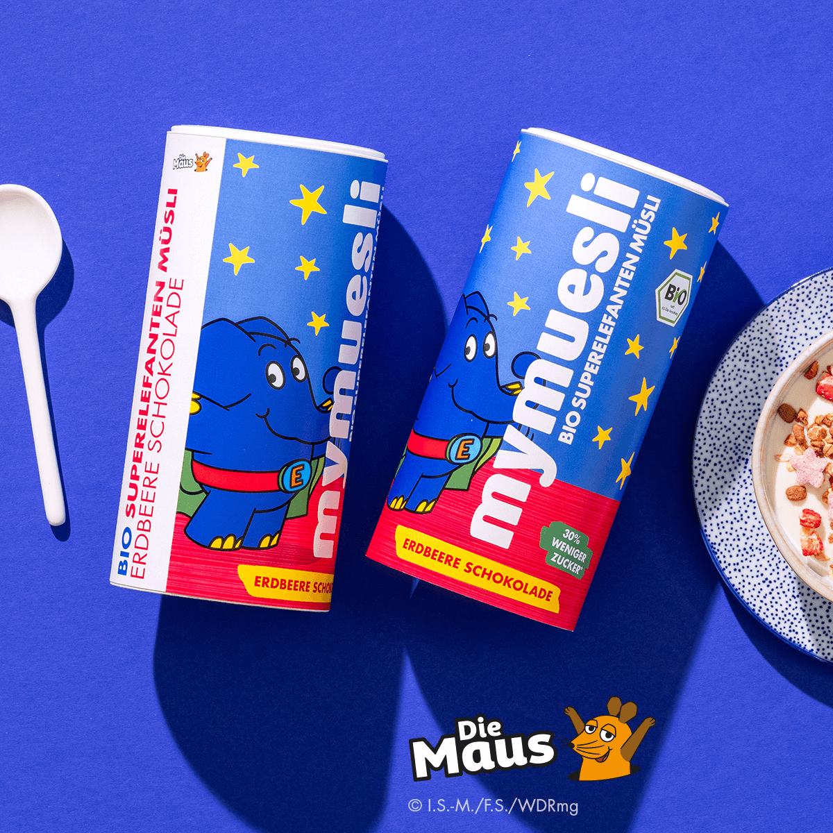 Mymuesli bio Superelefanten-Müsli Tubes nebeneinander von oben.