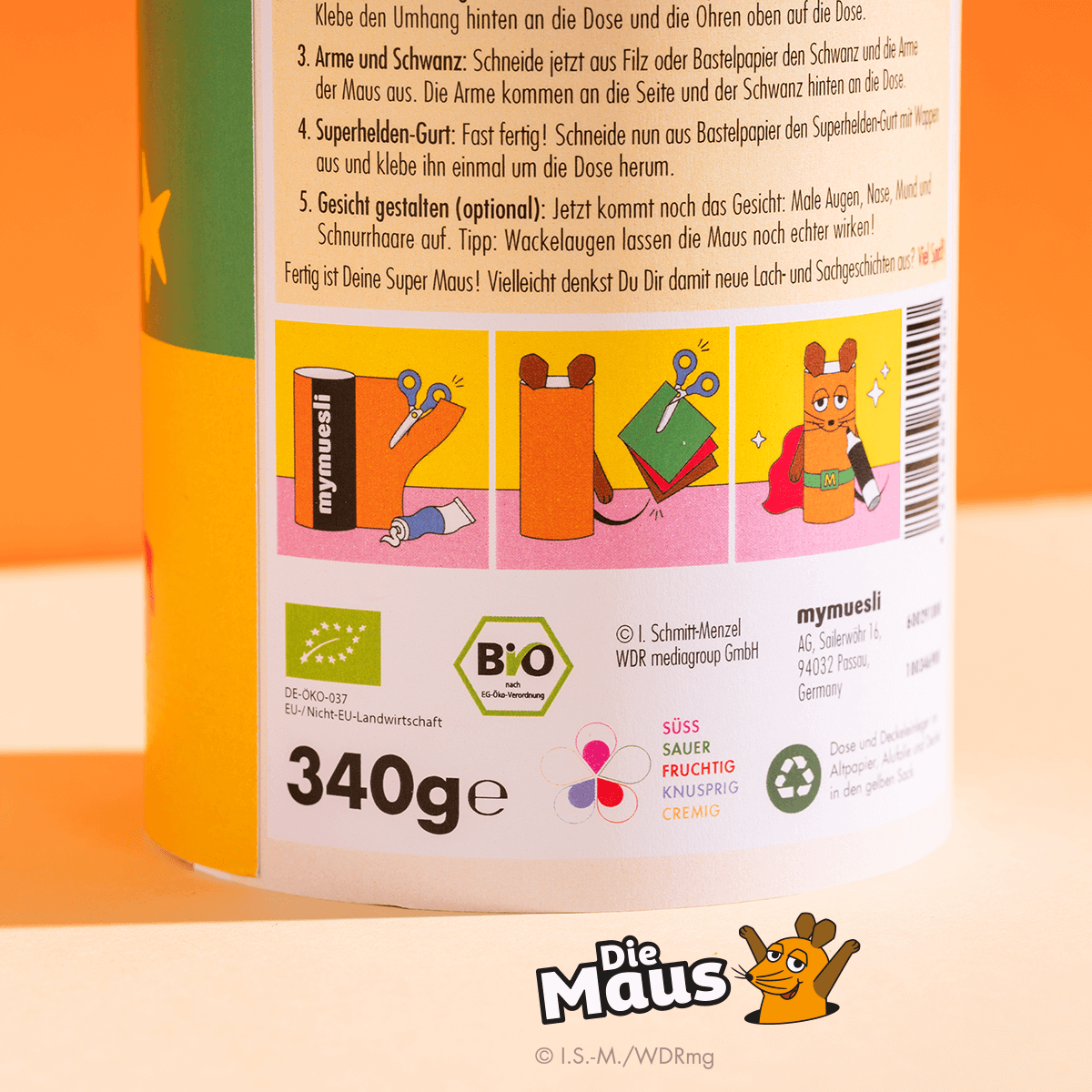 Mymuesli bio Supermaus-Müsli mit Bastelanleitung für Kinder.