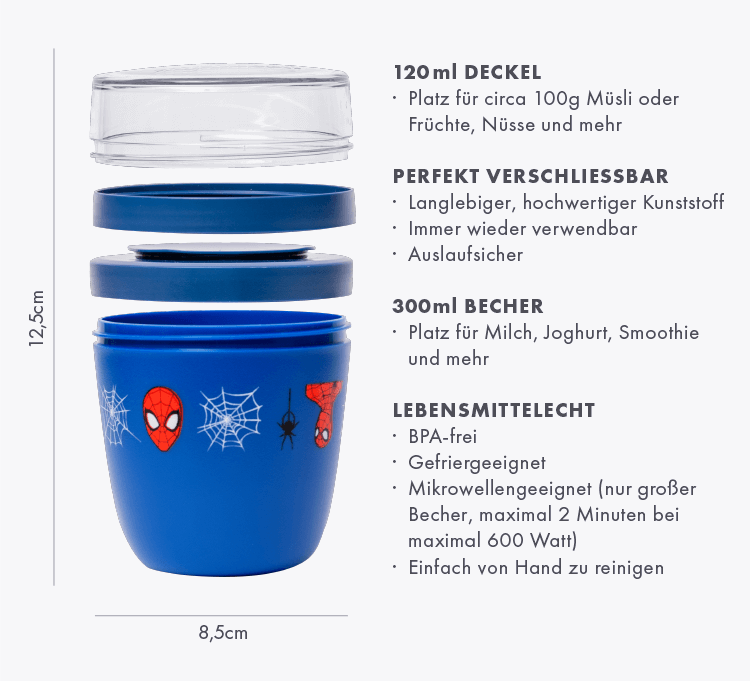 Spider-Man Mini 2Go Becher mit einem Fassungsvermögen von 300ml für den Becher und 120ml Fassungsvermögen für den Deckel