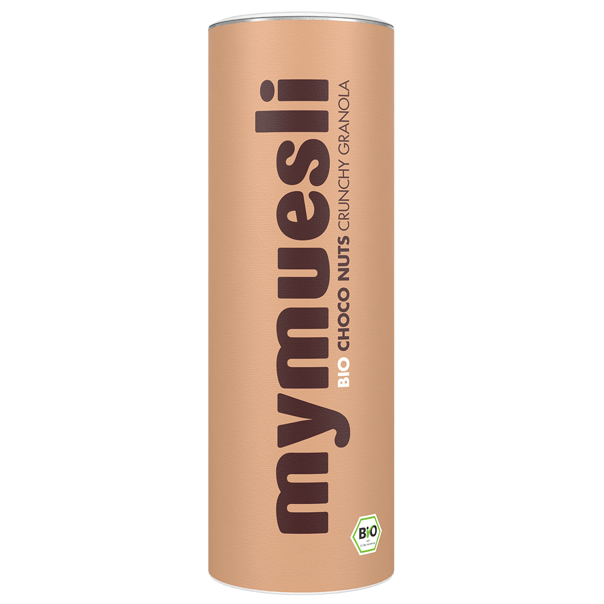Eine beigefarbene mymuesli -Dose der Sorte "Choco Nuts Crunchy Granola" mit vertikalem schwarzen Logo auf schwarzem Hintergrund.