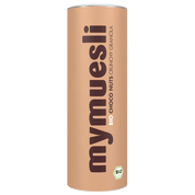Eine beigefarbene mymuesli -Dose der Sorte "Choco Nuts Crunchy Granola" mit vertikalem schwarzen Logo auf schwarzem Hintergrund.