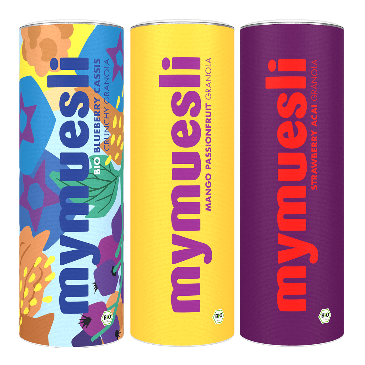 mymuesli Bio Fruity Granola Probierpaket mit 3 fruchtigen Bio Müslis: Blueberry Cassis Crunchy Granola, Mango Passionfruit Granola und Strawberry Acai Granola