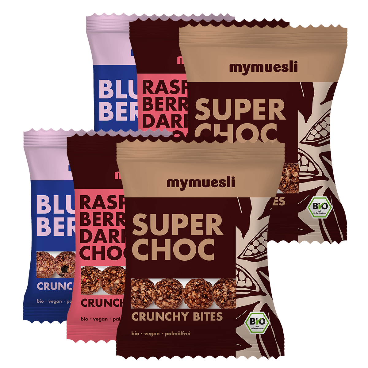 mymuesli Bio Crunchy Bites 6er Probierpaket mit jeweils 2x Super Choc, Blueberry und Raspberry Dark Choc