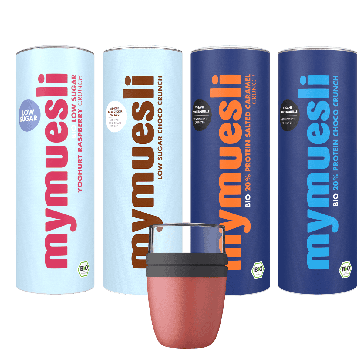 Das Bio Body & Balance Probierpaket mit den Low Sugar Müslis: Yoghurt Raspberry und Choco Crunch. Zwei Protein Müslis Salted Caramel und Choco Crunch. Dazu ein Müsli To-Go Becher in der Farbe Mauve.