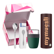 mymuesli Schokoholic Geschenkset mit Bio Super Choc Müsli, Silber Löffel und grünen 2Go Becher in Geschenkbox