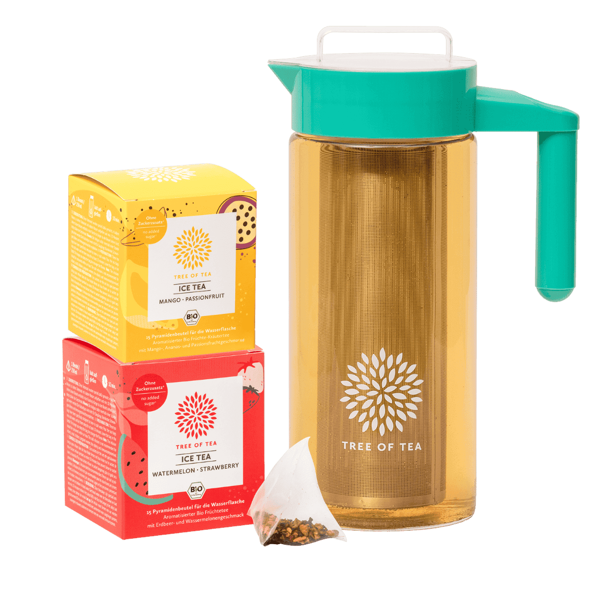 Tree of Tea Ice Tea Pitcher Set bestehend aus Ice Tea Mango Passionfruit, Ice Tea Watermelon Strawberry und dem Tree of Tea Ice Tea Pitcher in türkis.