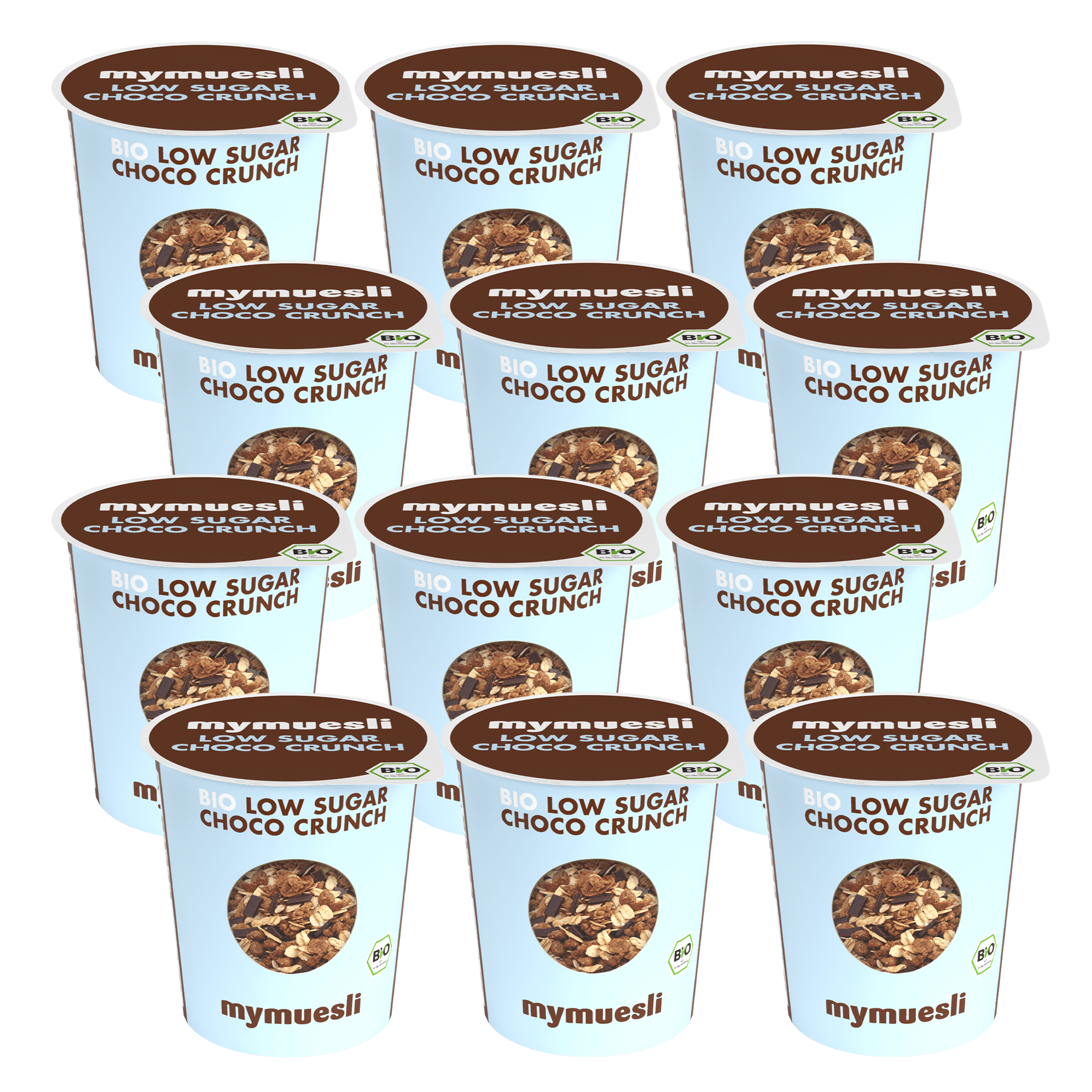 mymuesli2go Low Sugar Choco-Crunch 12er Pack nebeneinander