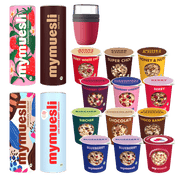 mymuesli Wilkommenspaket mit mymuesli2go 12er Probierpaket, Strawberry Cheesecake Müsli, Chocolate Hazelnut Almond Granola, Super Choc Müsli und Magenta 2Go Becher