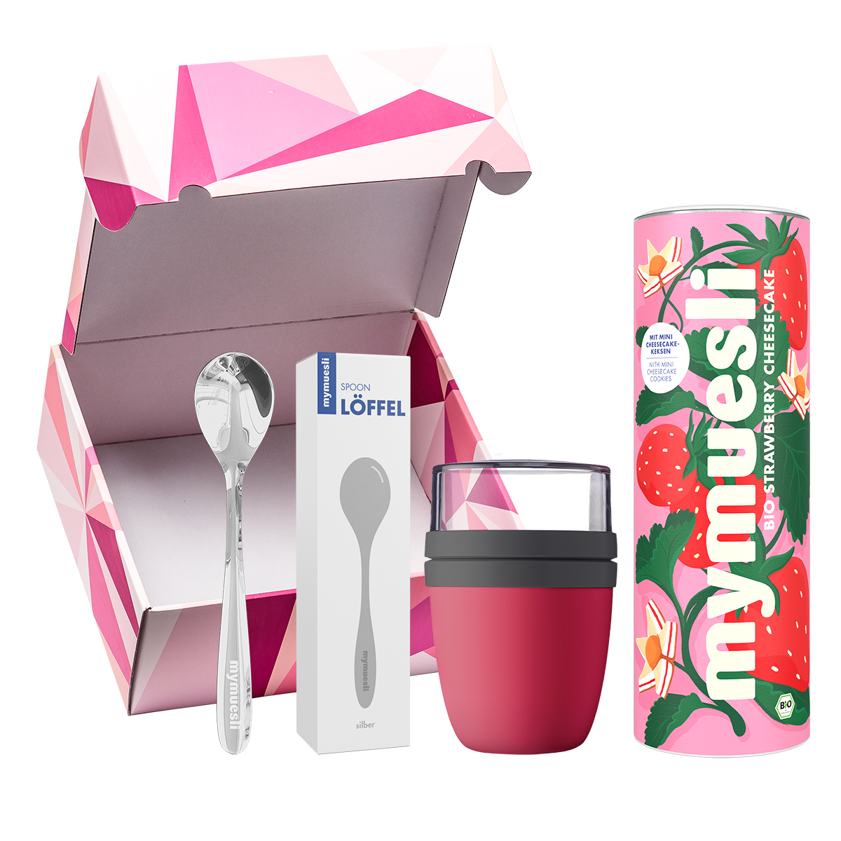 mymuesli Strawberry Cheesecake Lover Geschenkset mit Bio Strawberry Cheesecake Müsli, silber Löffen und Magenta 2Go Becher