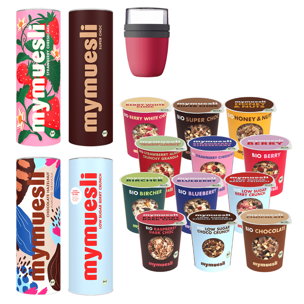 mymuesli Wilkommenspaket mit mymuesli2go 12er Probierpaket, Strawberry Cheesecake Müsli, Chocolate Hazelnut Almond Granola, Super Choc Müsli und Magenta 2Go Becher