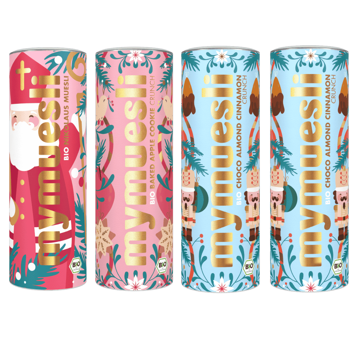 mymuesli Bio 4er Paket: Nikolaus Müsli, Baked Apple Cookie Crunch und zweimal Choco Almond Cinnamon Crunch