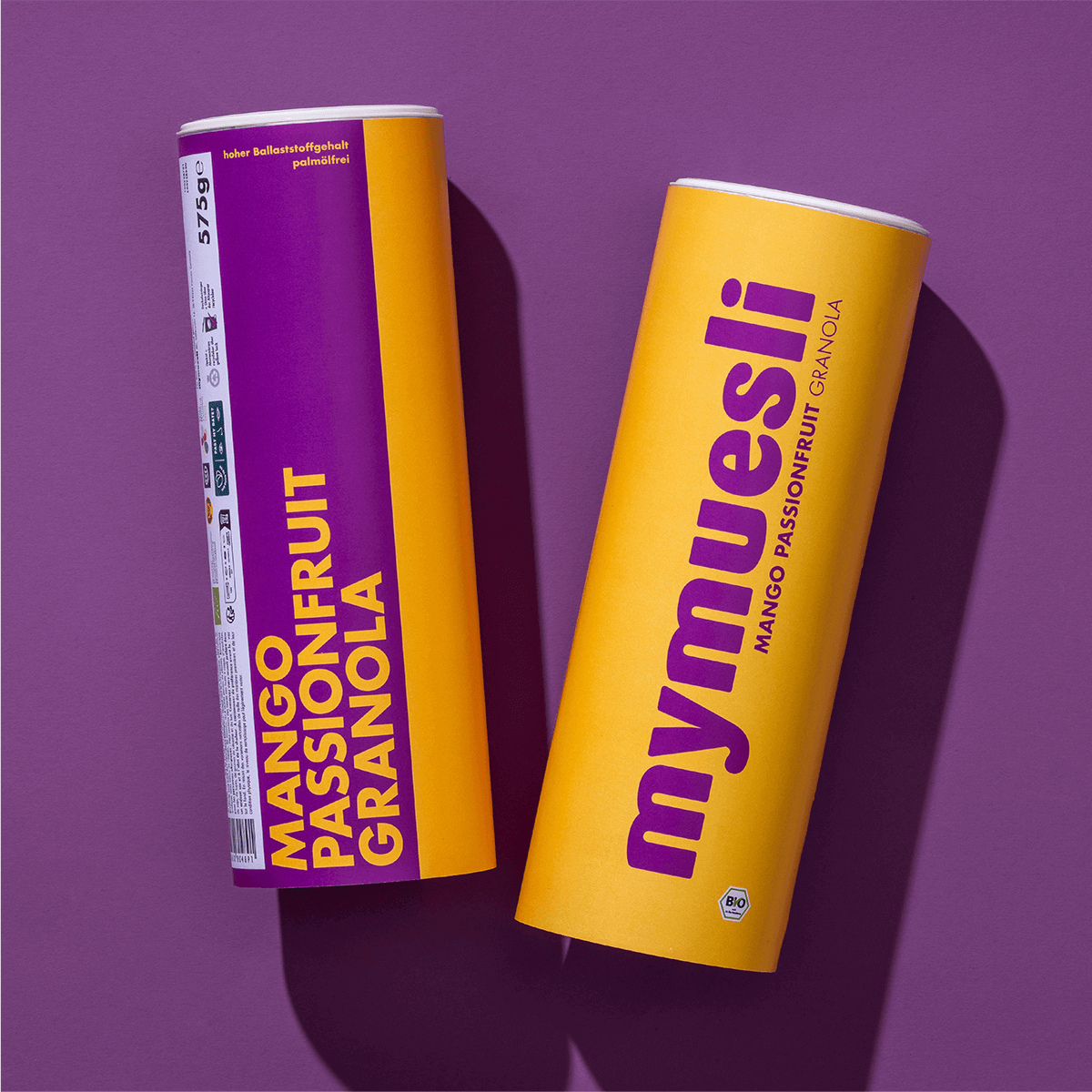 mymuesli Bio Mango Passionfruit Granola Dose von Vorne und seitlich