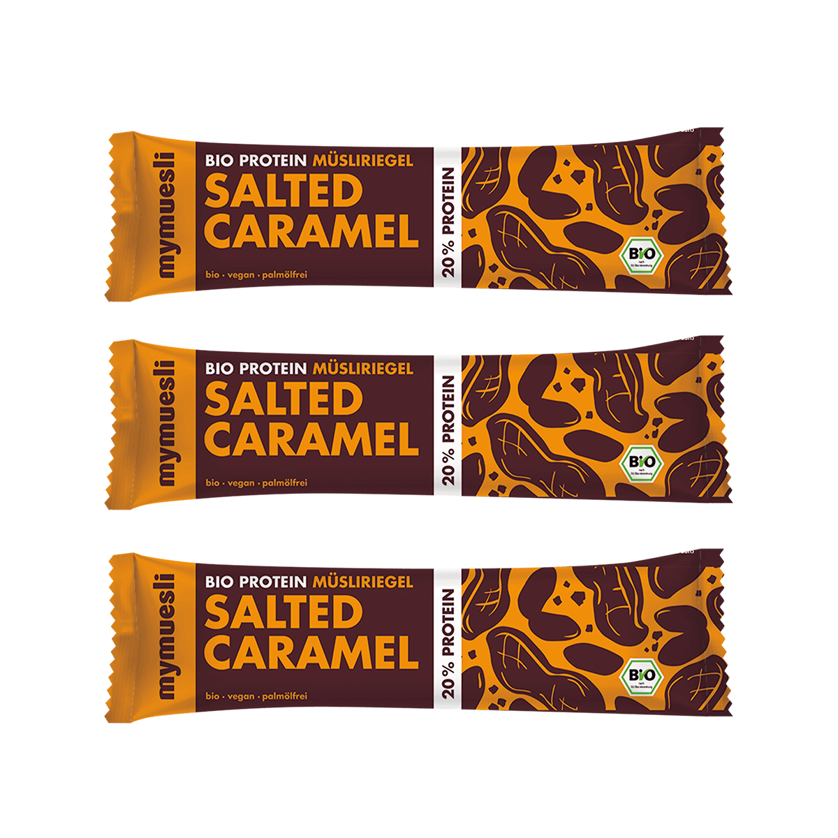 Drei übereinander gestapelte "Salted Caramel" Bio-Müsliriegel in gelb-brauner Verpackung auf schwarzem Hintergrund.
