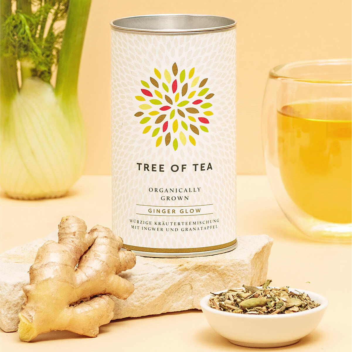Tree of Tea Ginger Glow Kräutertee mit Ingwer daneben