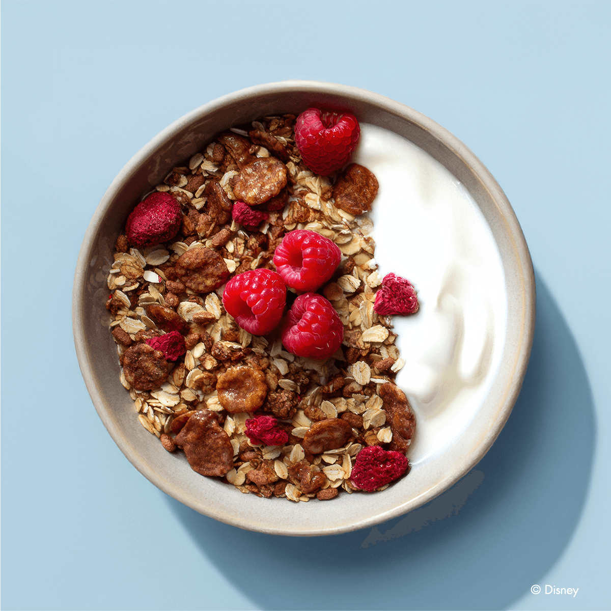 Eine Schüssel mit dunklerem Schoko- oder Knuspermüsli, kombiniert mit Joghurt und frischen Himbeeren auf einem hellblauen Hintergrund.