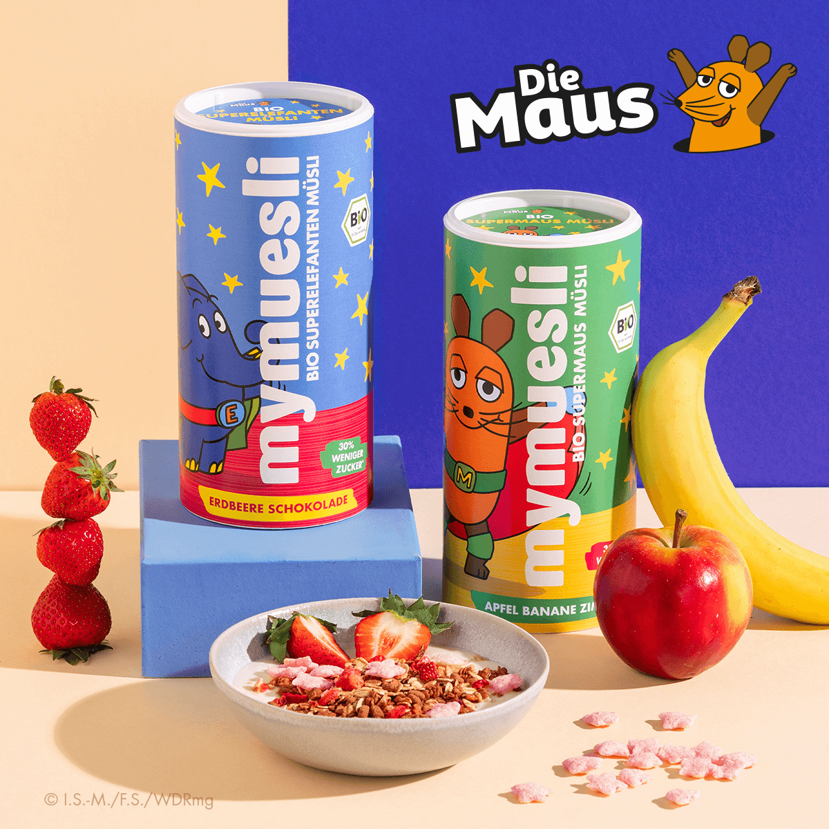 mymuesli Bio Kinder Müslis mit der Maus in 2 Geschmacksichtungen: Erdbeere-Schokolade und Apfel-Banane