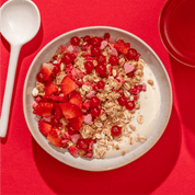 Eine Schüssel Low Sugar Berry Müsli mit Erdbeeren und Johannisbeeren