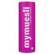 Eine kräftig pinkfarbene mymuesli -Dose der Sorte "Wildberry Yoghurt" mit weißem Logo-Schriftzug auf schwarzem Hintergrund.
