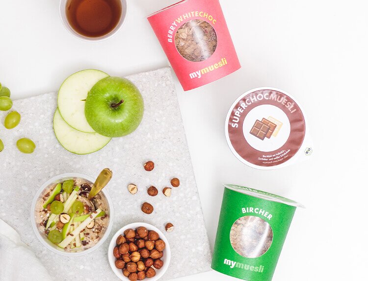 mymuesli To-Go in den Sorten Berry White Choc, Bircher und Super Choc