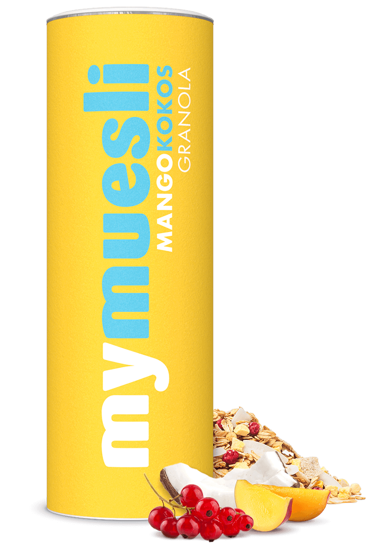 Bio-Granola mit Kokoschips, Mango und roten Johannisbeeren