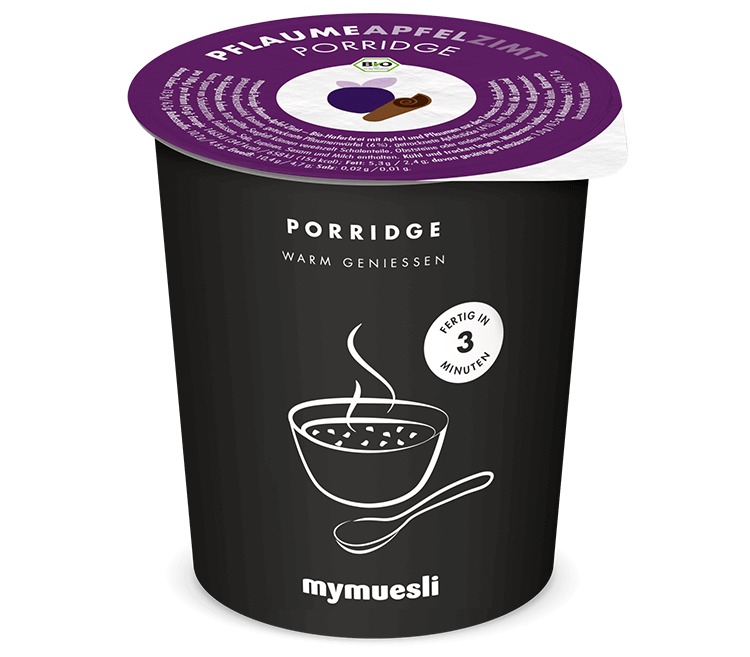 Bio-Porridge in der Sorte Pflaume-Apfel-Zimt – zum Mitnehmen!