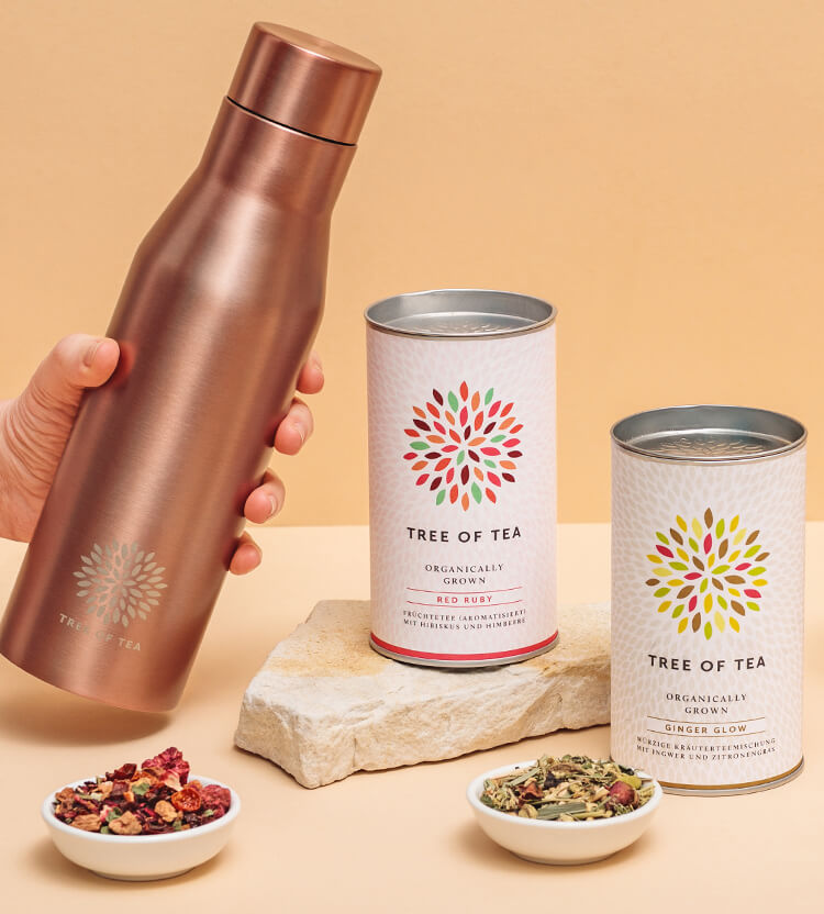 Infuser Thermo Bottle in Rosegold und zwei Teedosen von Tree of Tea