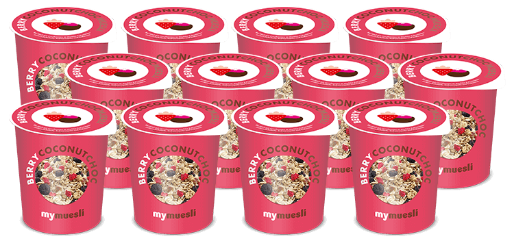 12 Portionsbecher mit unserem ersten veganen Schoko-Müsli