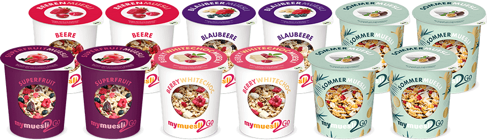 5 sommerliche Müsli-Sorten im Portionsbecher.